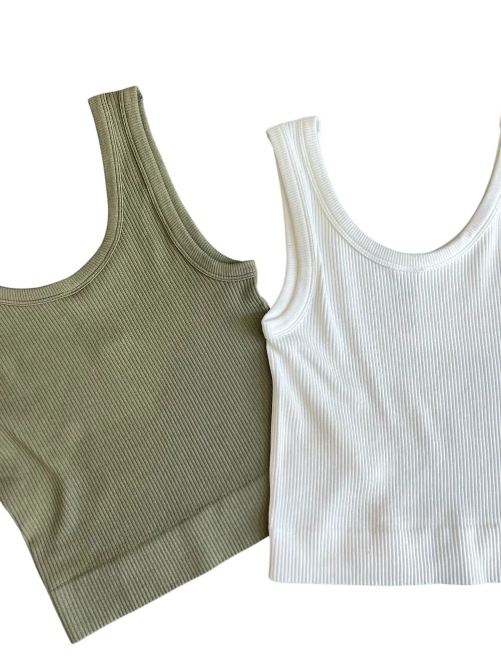 Tank Top Set Bundle Ribbed Cropped Green White Size S/M - Picture 9 of 13